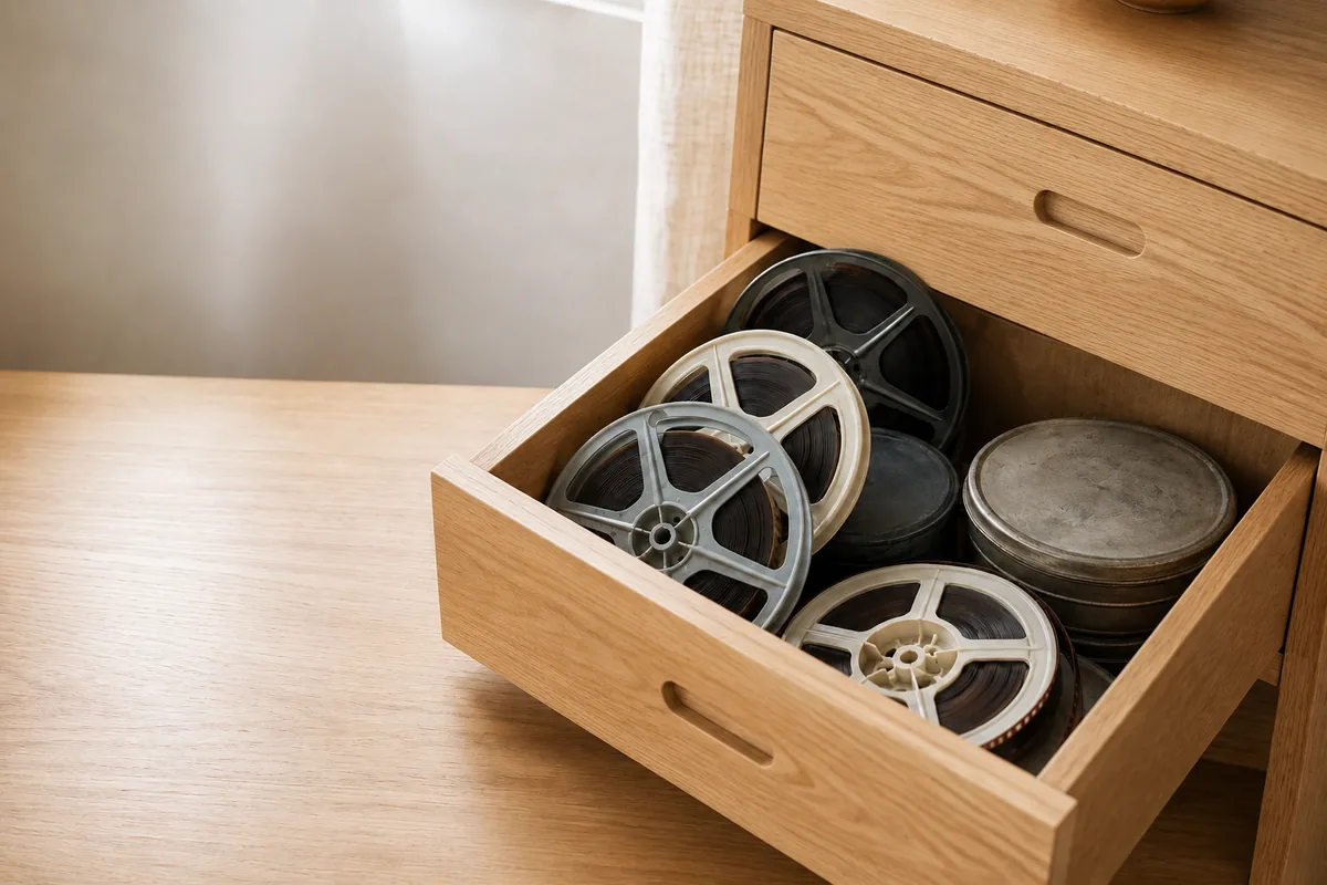 Cajón abierto con bobinas de película y latas de película antiguas