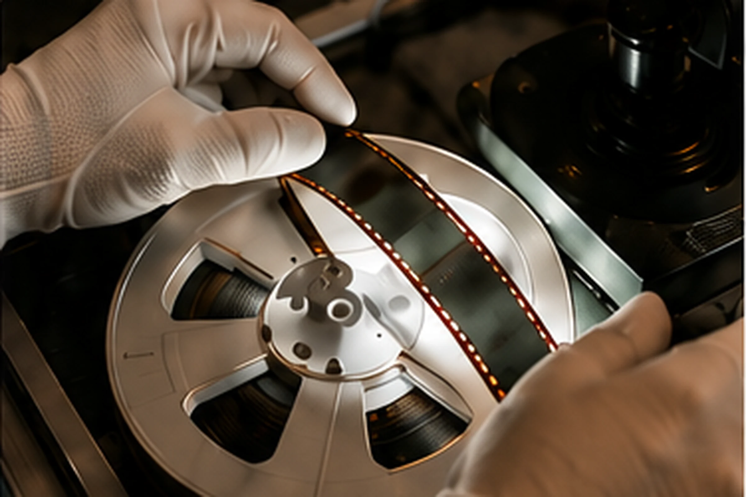 Manos con guantes blancos manipulan una bobina de película durante la digitalización.