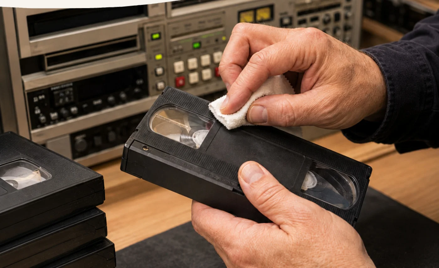 Manos limpiando una cinta VHS en el taller