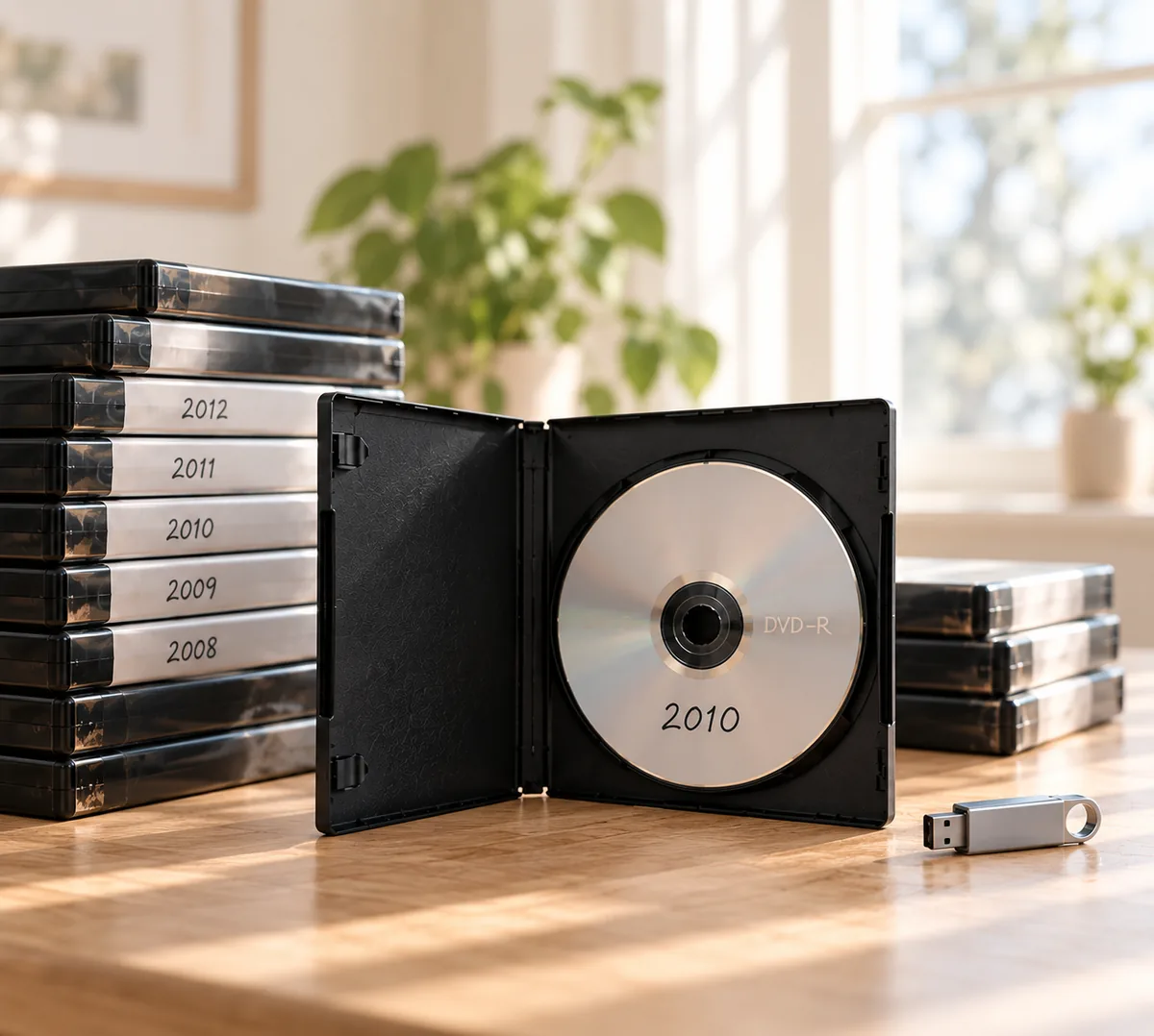 Una caja de DVD abierta con un disco grabado en casa etiquetado 2010, junto a una pila de cajas de DVD con años y una memoria USB