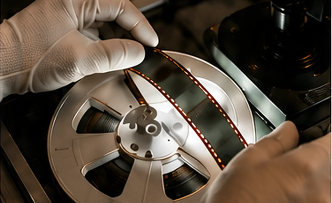 Manos con guantes de protección manipulan una bobina de película durante la digitalización.